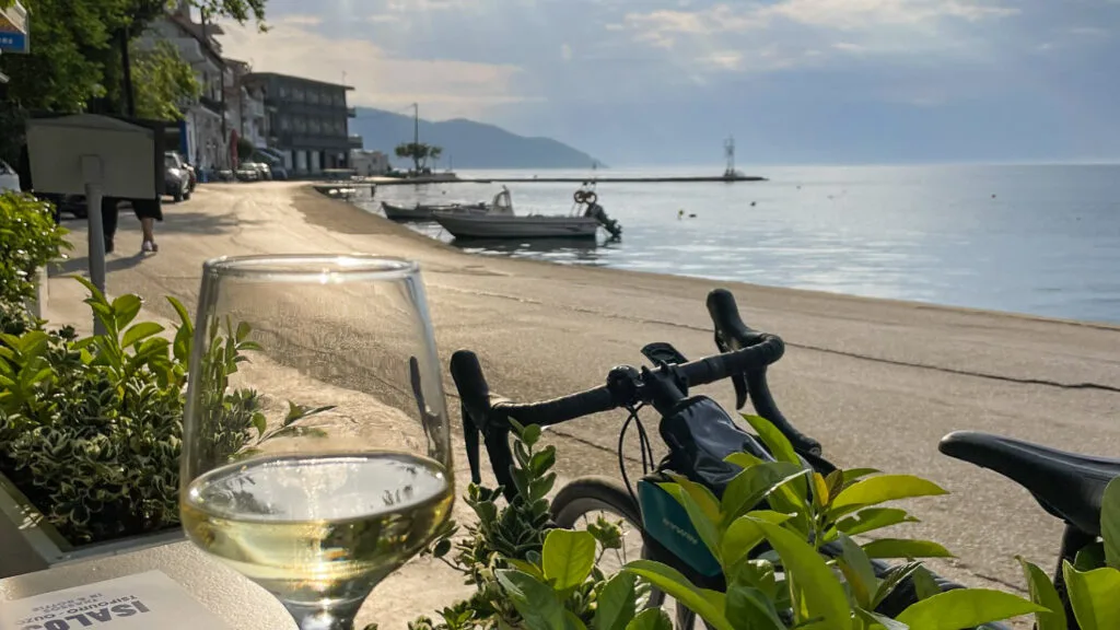 Enjoying a sundowner after a day on the bike on the Greek Island of Thassos