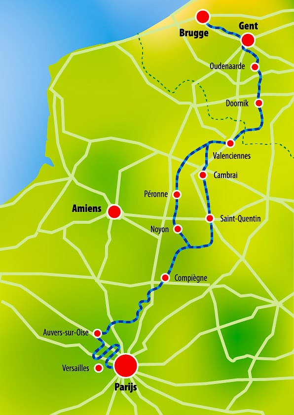 Map of Bruges to Paris boat and boat route