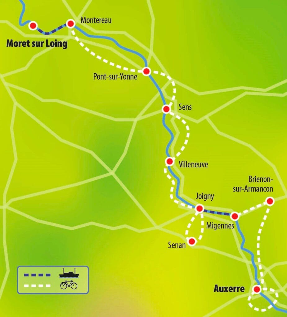 Auxerre to Moret sur Loing boat bike tour france map