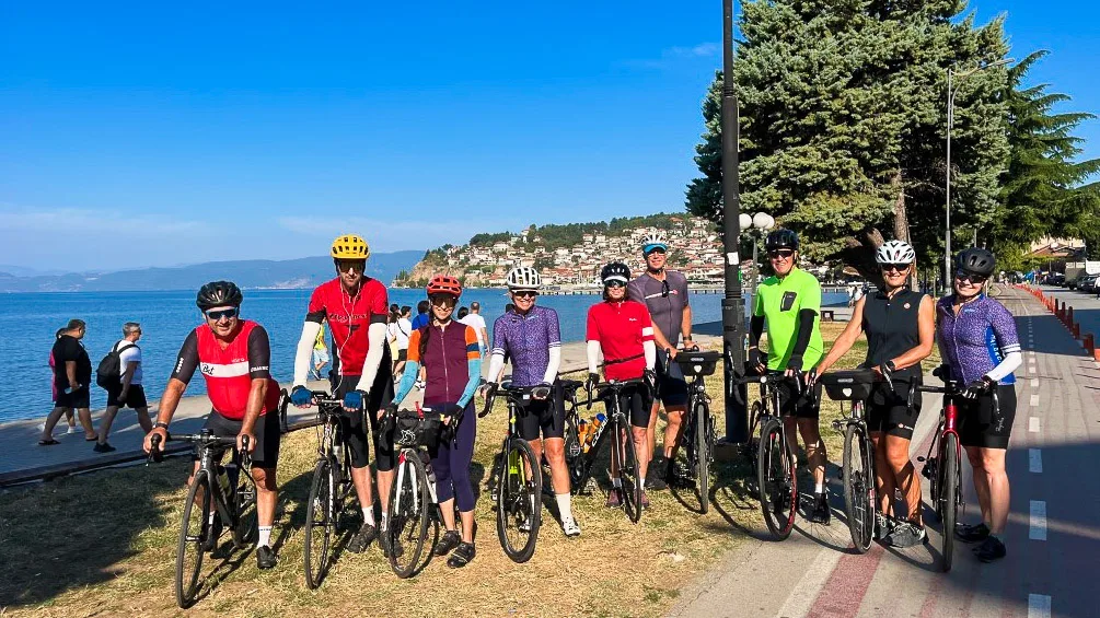 A group of cyclists riding in the Balkans