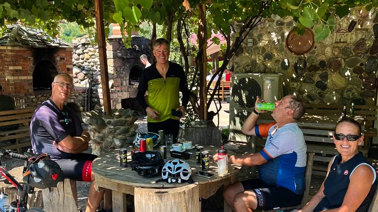 Cyclists taking a coffee break in Albania