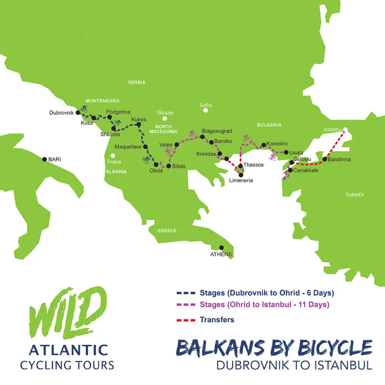 Map of wild atlantic cycling's Balkan tour