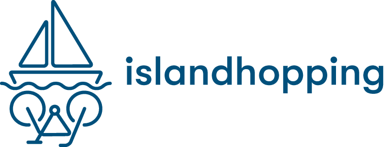 Islandhopping logo featuring a sailboat above stylised waves and a minimalist face in blue line art style