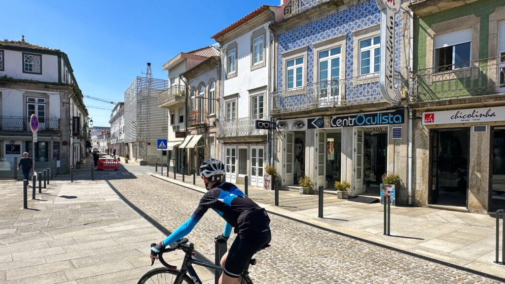 cycling through a town in northern portugal