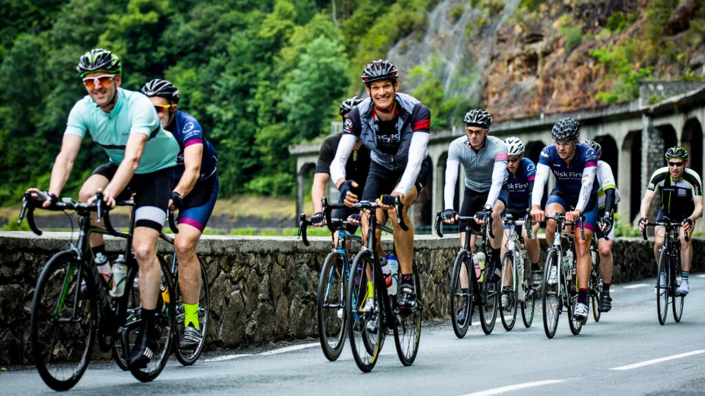 Cyclists cycling the route of the Tour de France by bike