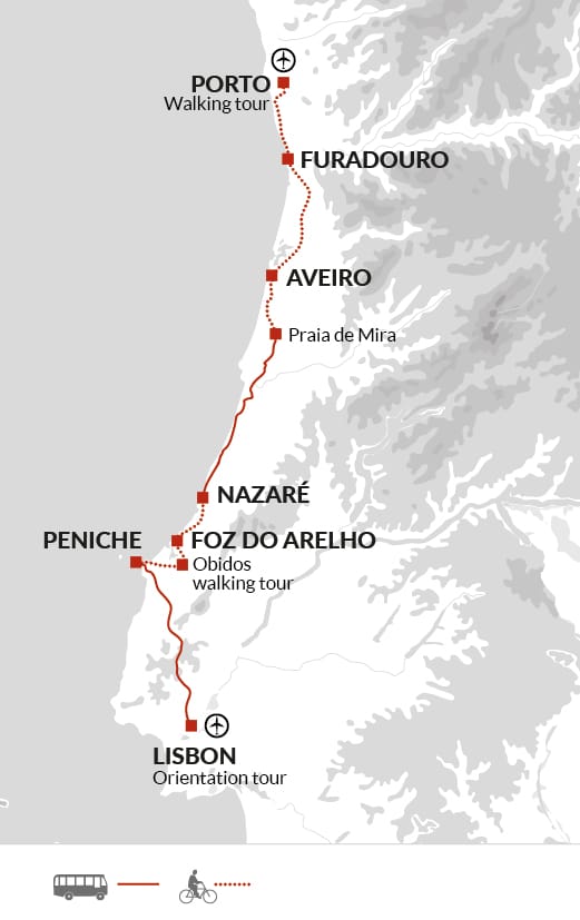 Map of Porto to Lisbon cycling tour