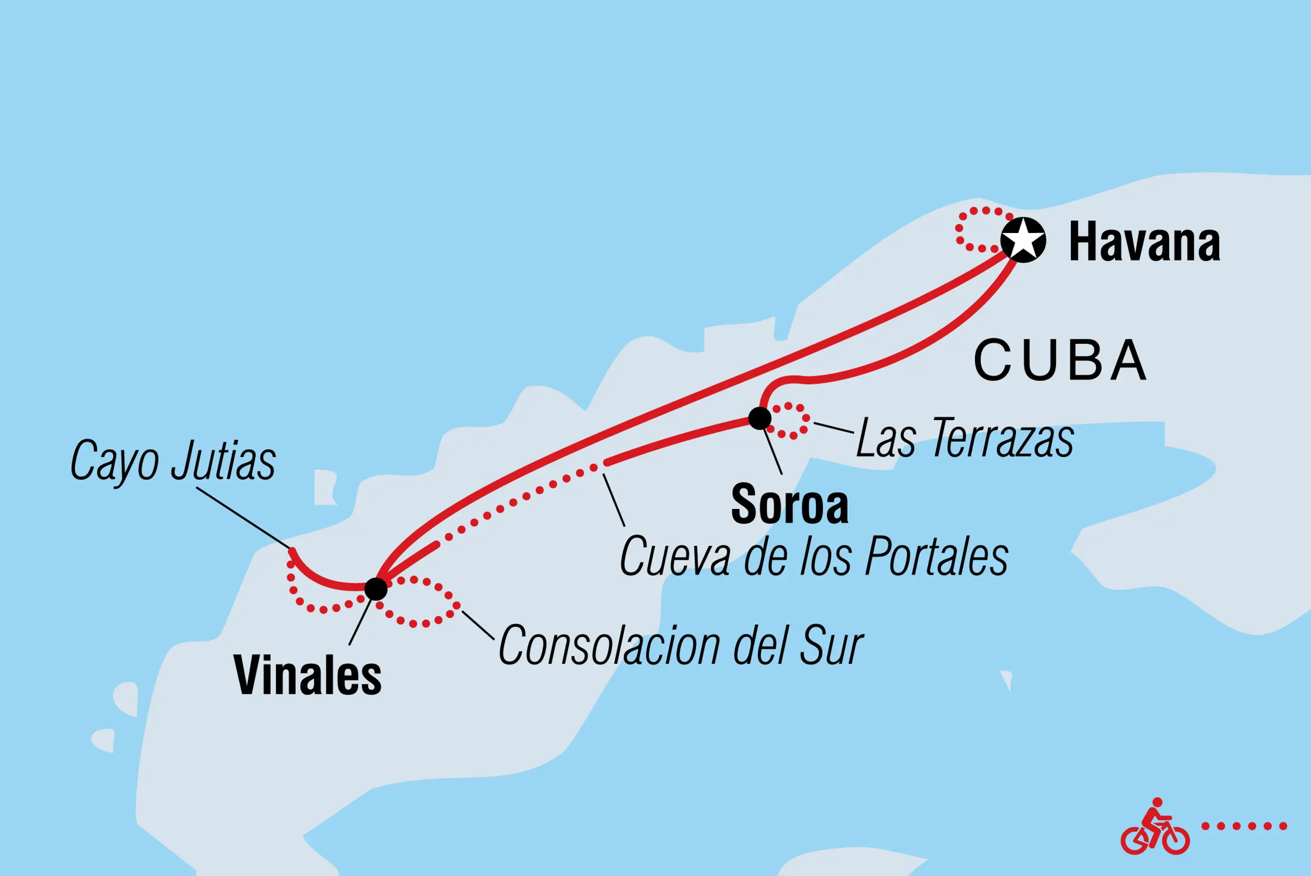 Map of Intrepid's Cycle Cuba: West itinerary 