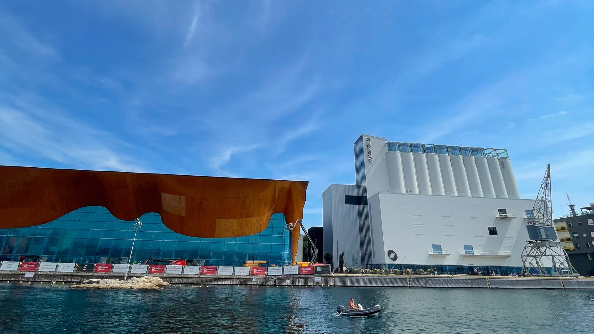 Kristiansand waterfront with Kunstsilo art centre and Kilden concert hall side by side