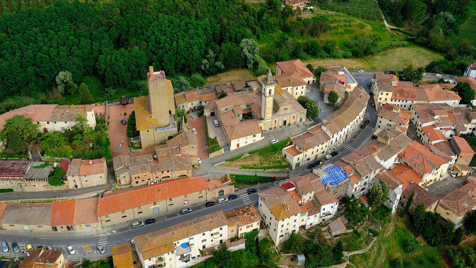 Aerial view of Vinci with medieval tower and village buildings