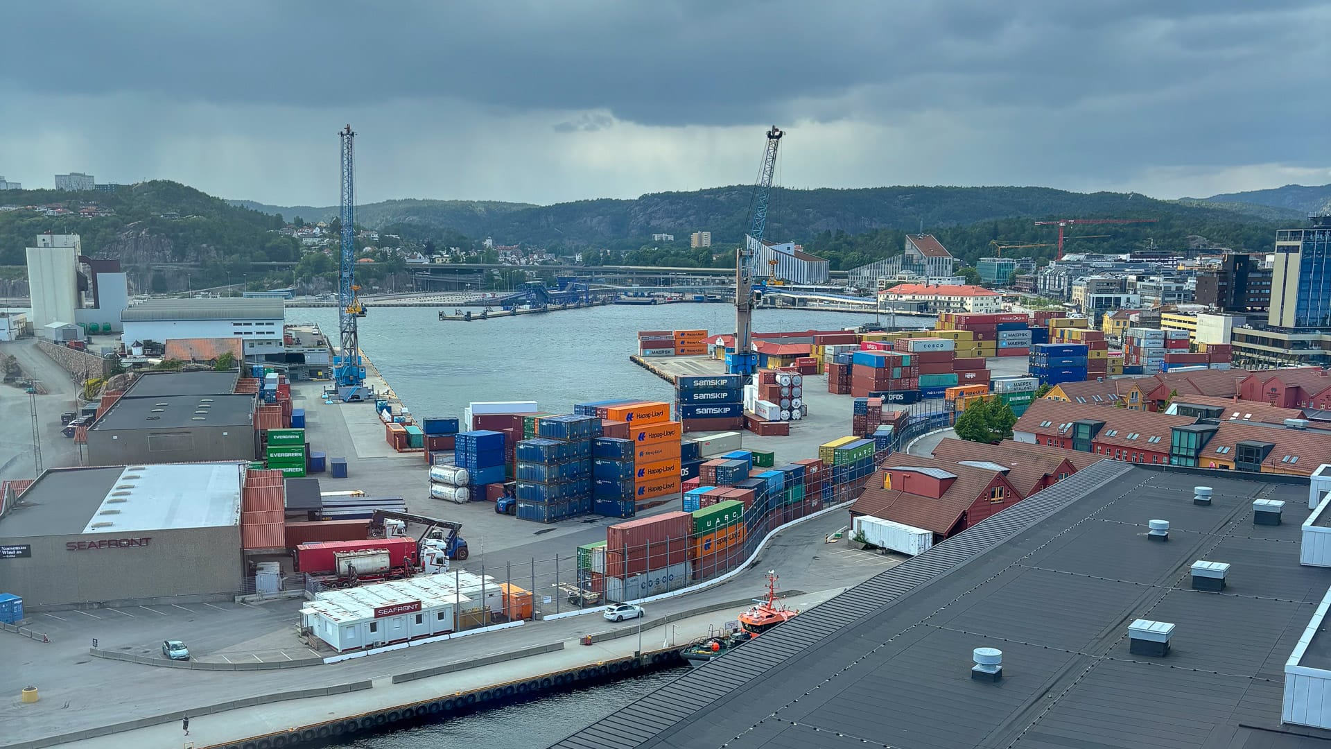 Overhead view of Kristiansand port with stacked containers seen from Kunstsilo