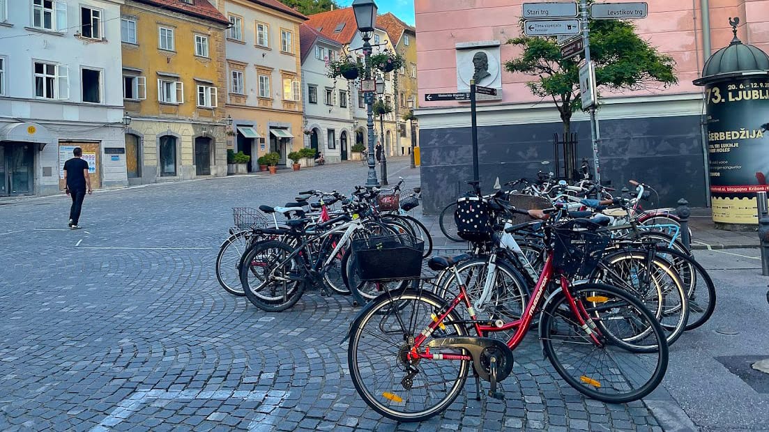 Bicycles parked and locked in Ljubljana city centre