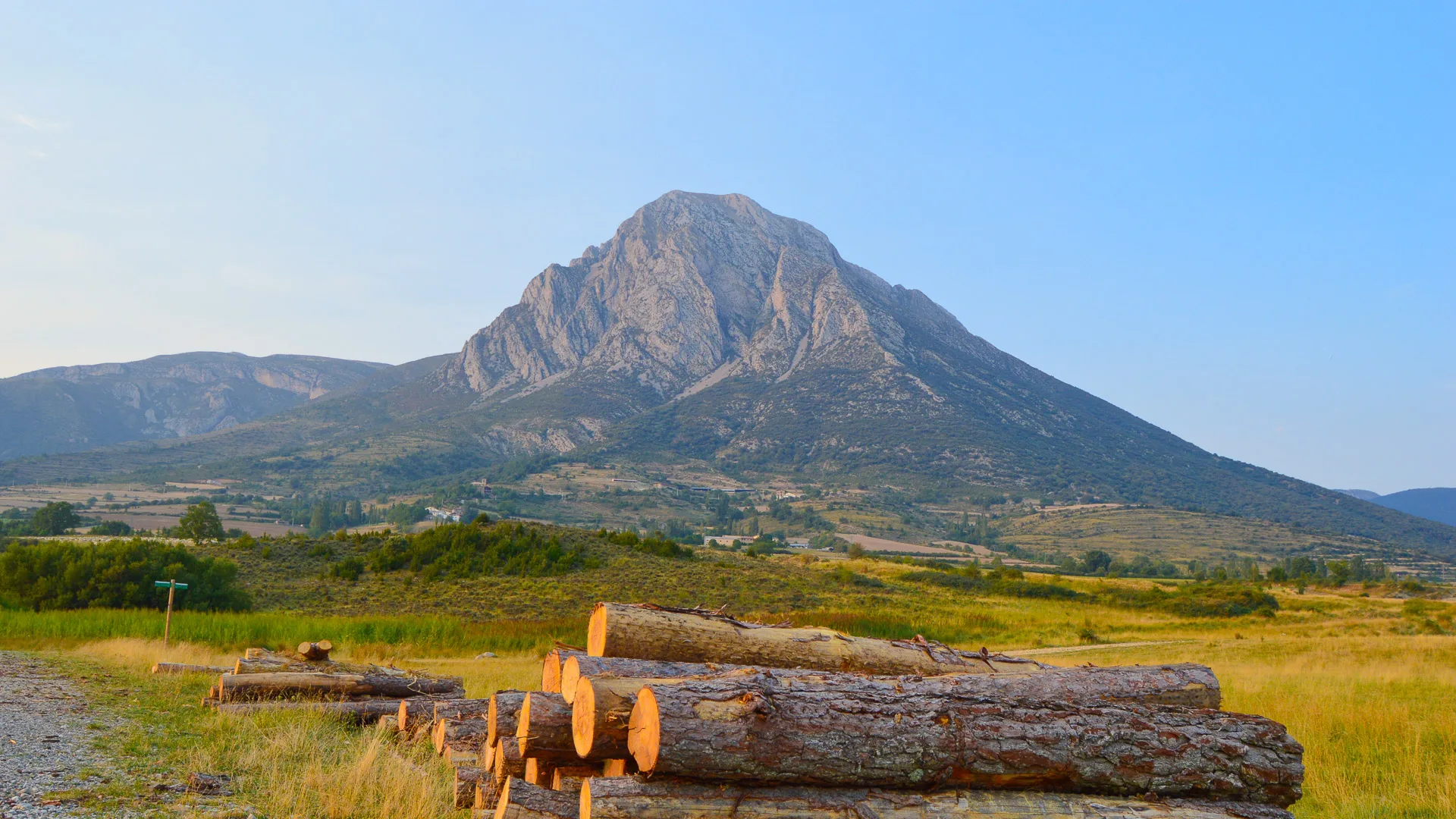 Logs stacked in front of a mountain peak near Espés, Spain
