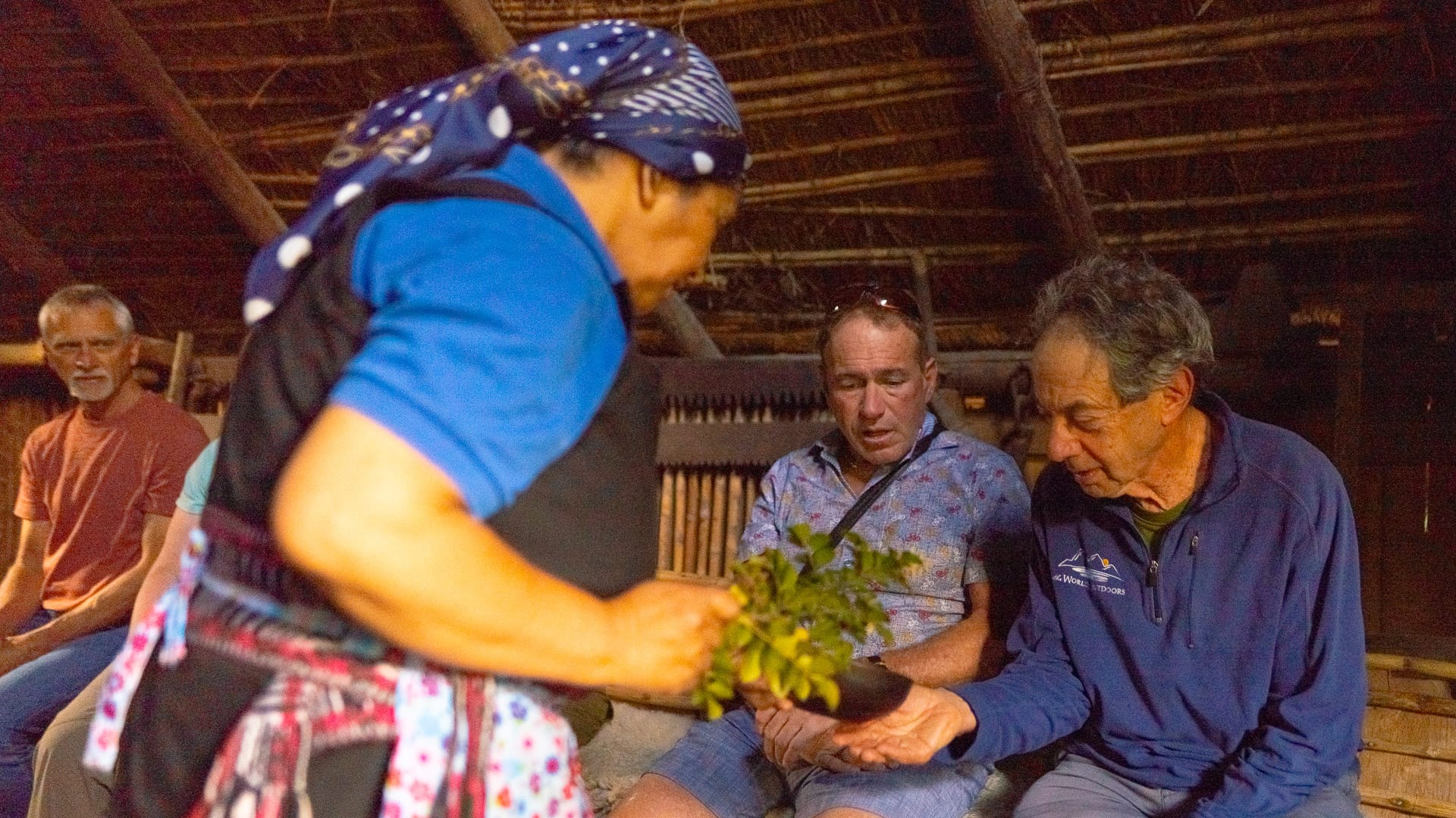 Mapuche woman shares traditional herbs with visitors inside a ruka during cultural exchange