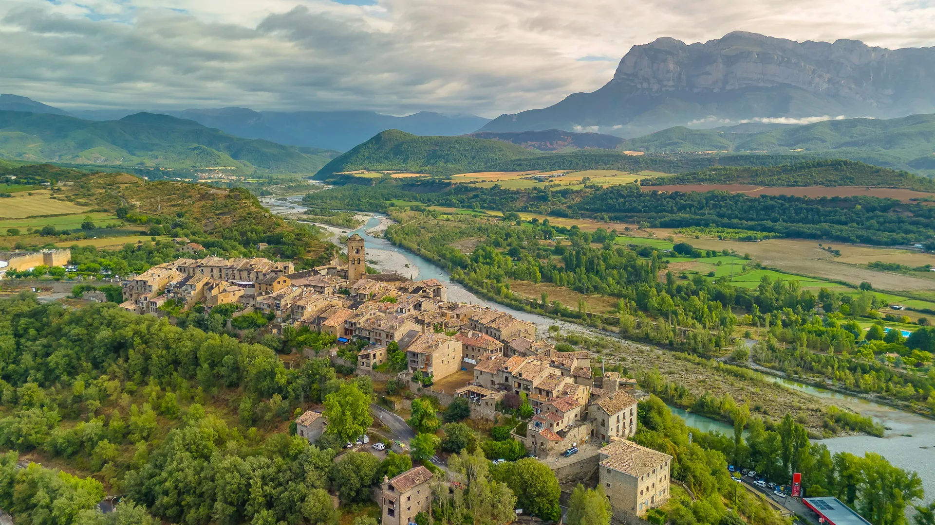 Aínsa medieval town overlooking the Ara and Cinca rivers in the Spanish Pyrenees