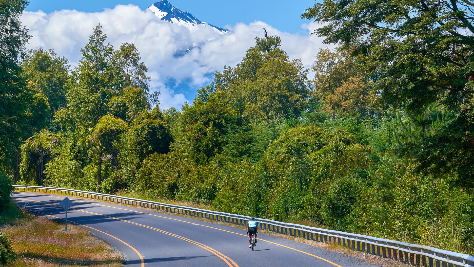 Cyclist rides winding road through forest with Mocho-Choshuenco Volcano peak emerging above clouds