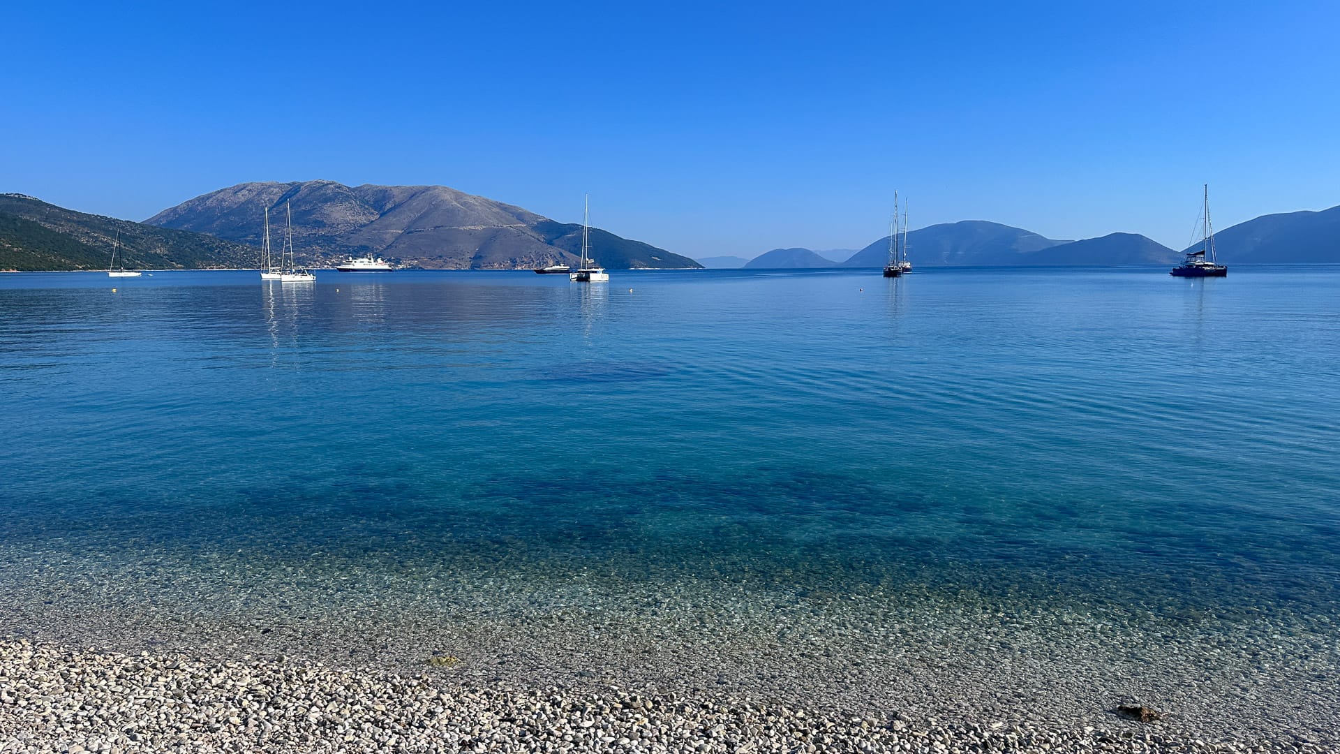Serene view of clear blue waters with sailboats floating gently near the shore, surrounded by mountains
