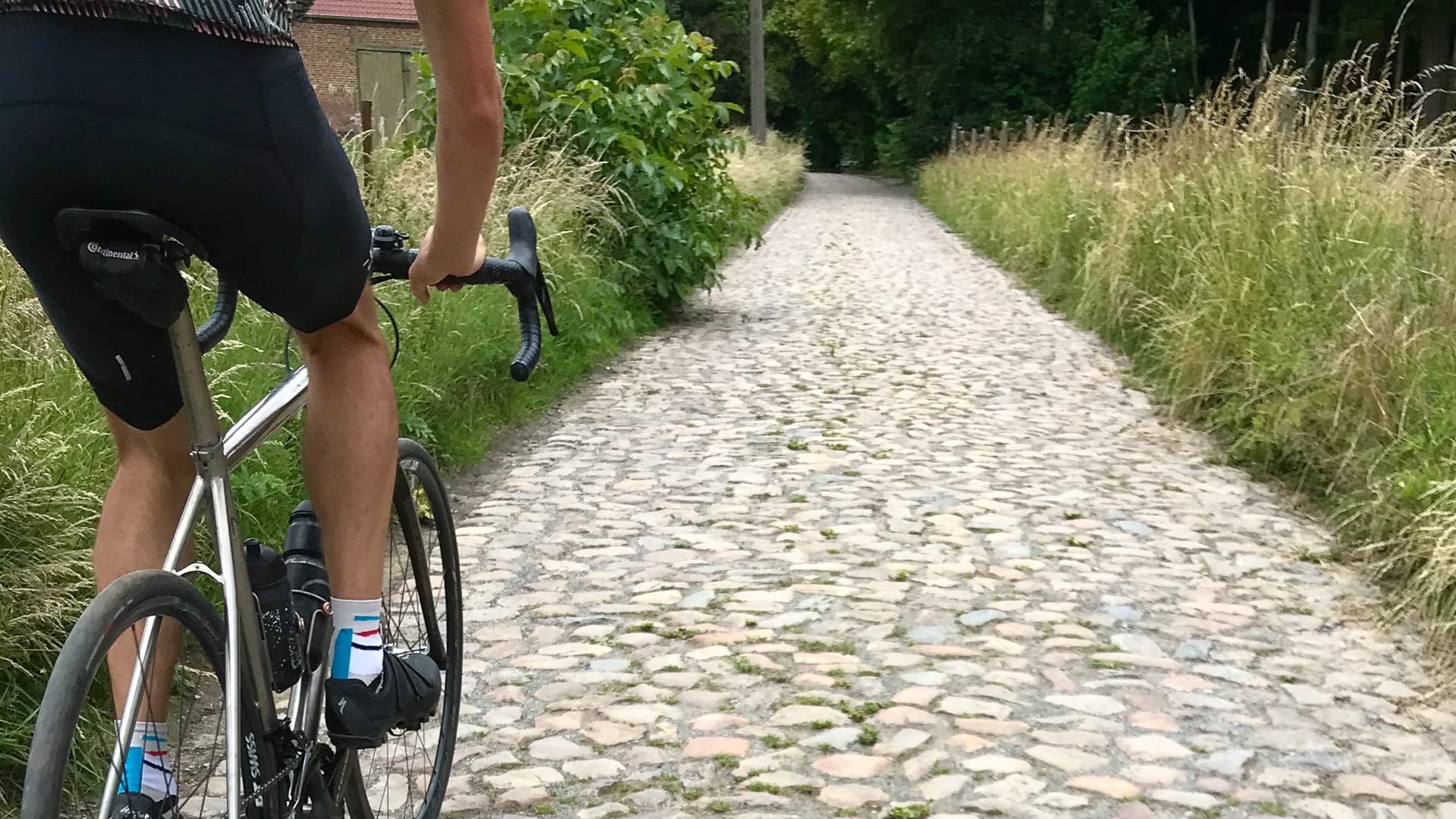 A road cyclist on cobbles in Flanders
