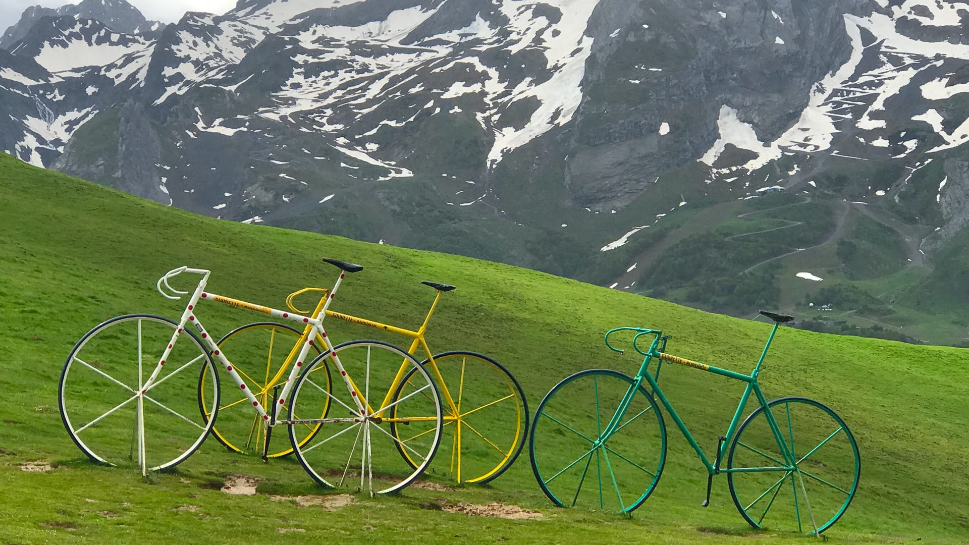 Brightly coloured bicycle statues on the Col d'Aubisque
