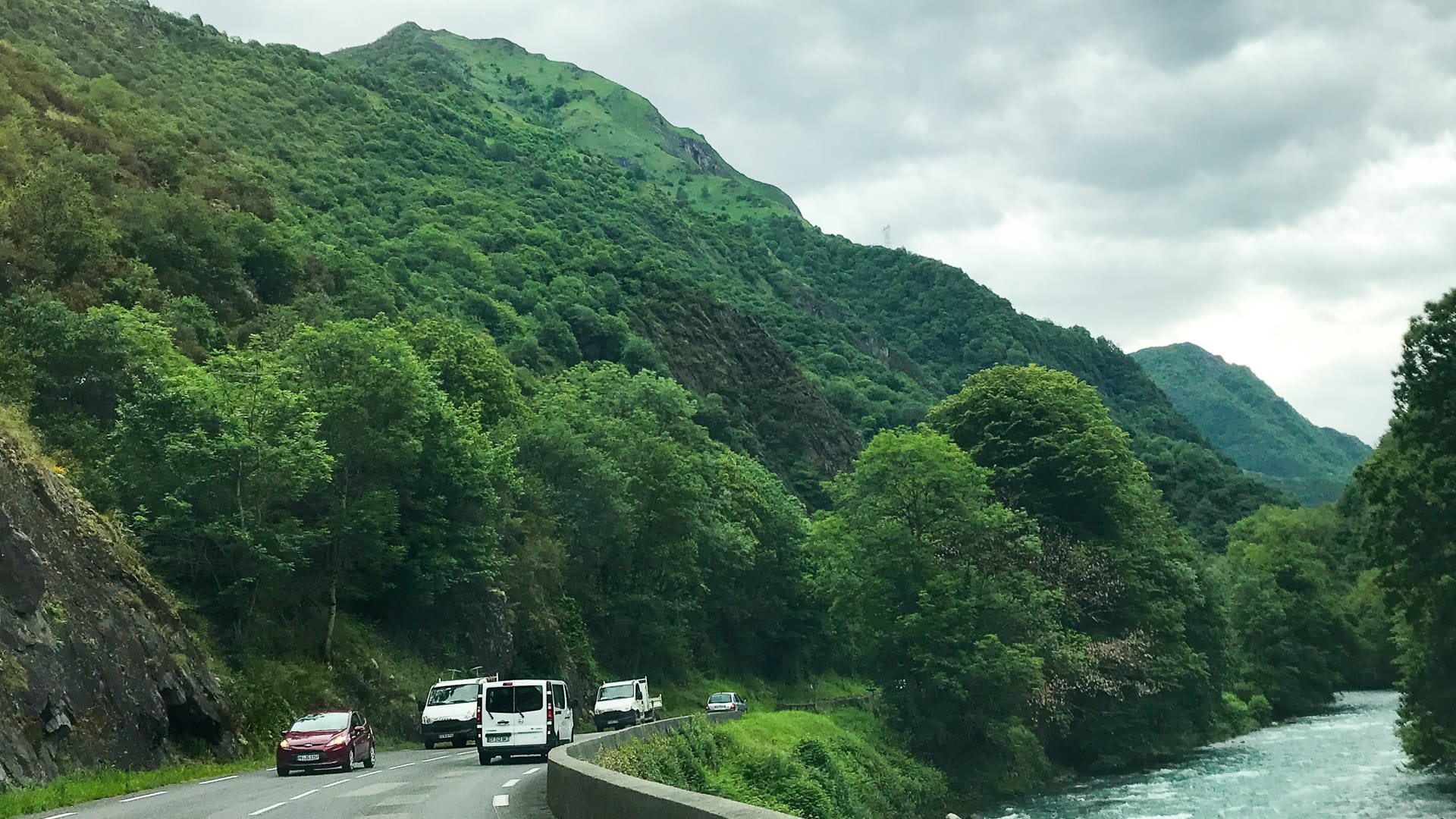 Riverside Pyrenees road between Col du Tourmalet and Col d’Aspi