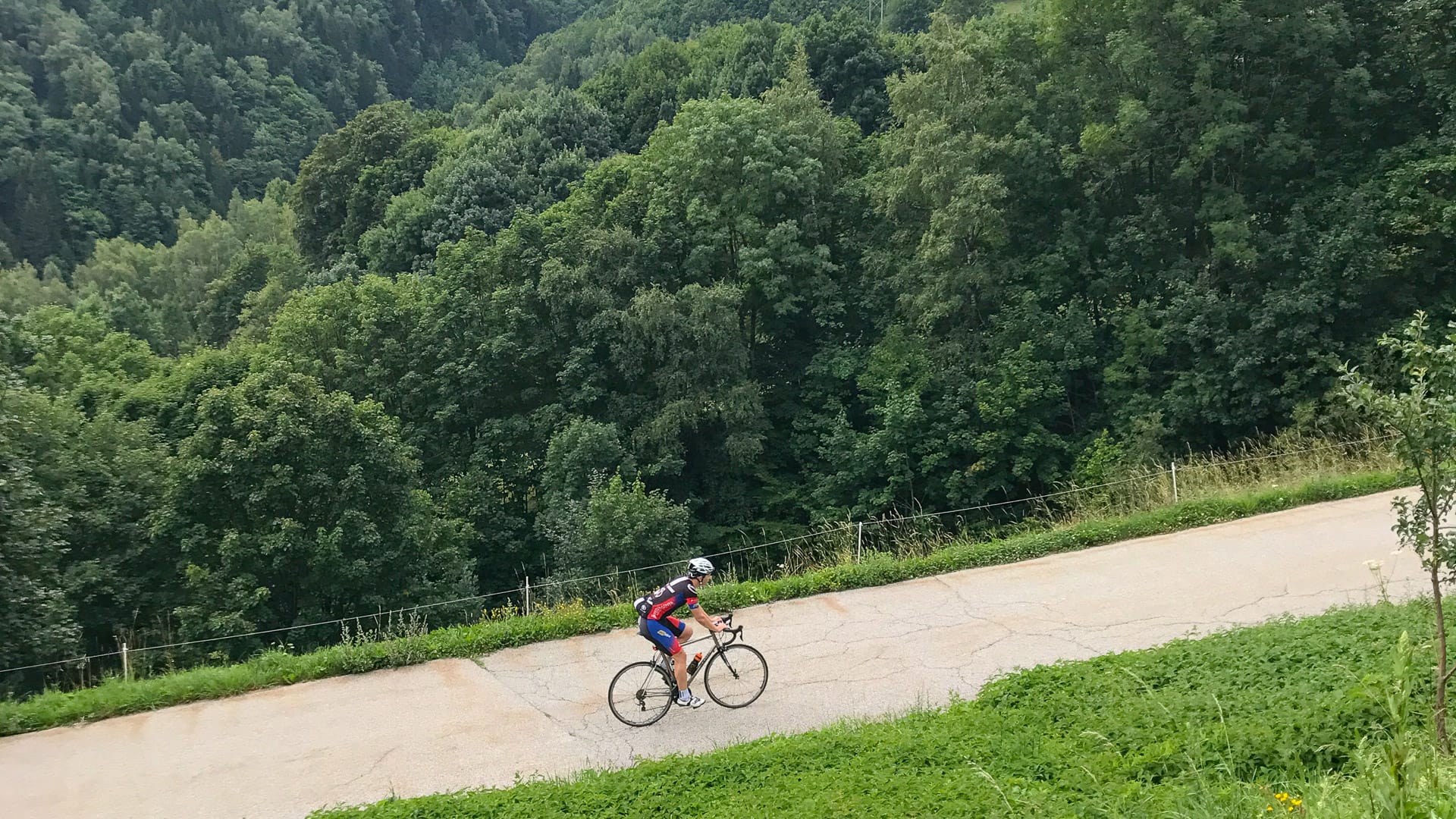 Road cyclist tackling a peaceful mountain ascent in the Alps