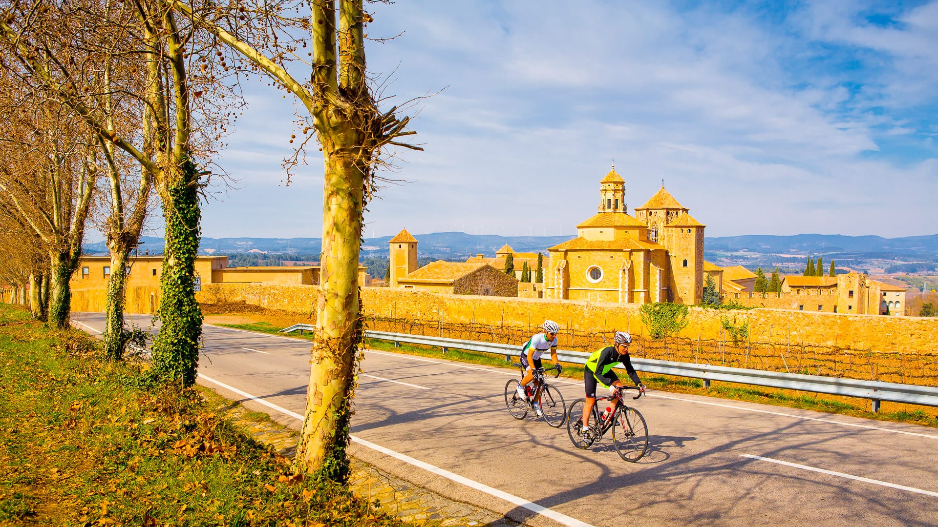 Two cyclists riding along a country road past the golden stone walls of Poblet Monastery