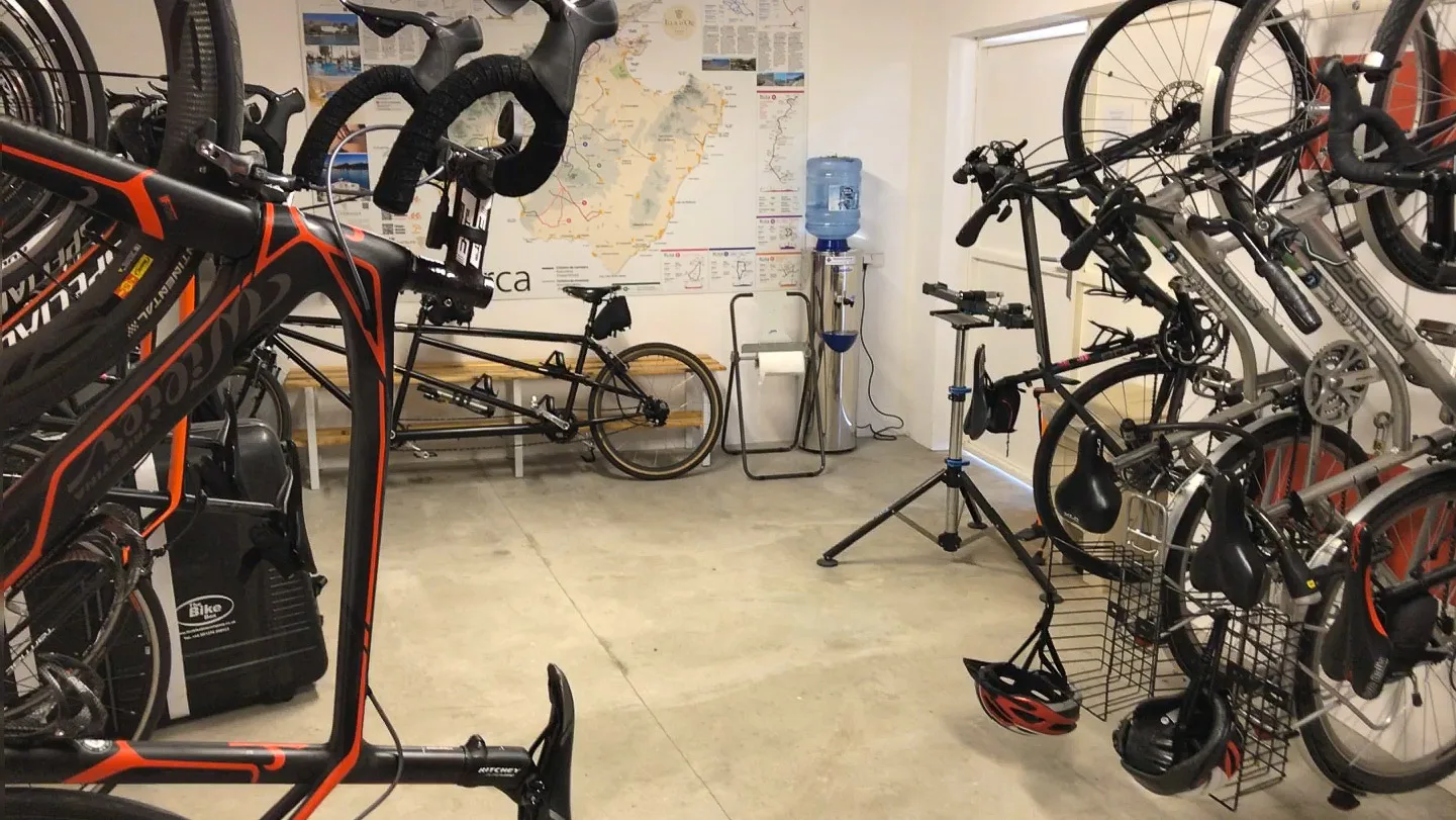 Bike storage room at Hotel Illa d'Or, an excellent Mallorca cycling hotel