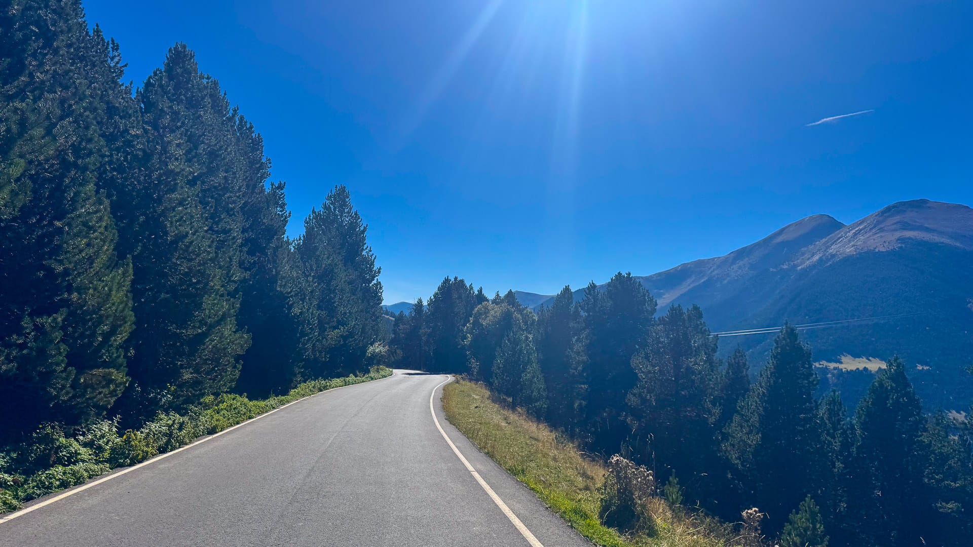Quiet tarmac road through pine forest in Andorra, curving downhill with hazy blue peaks and bright autumn sunlight