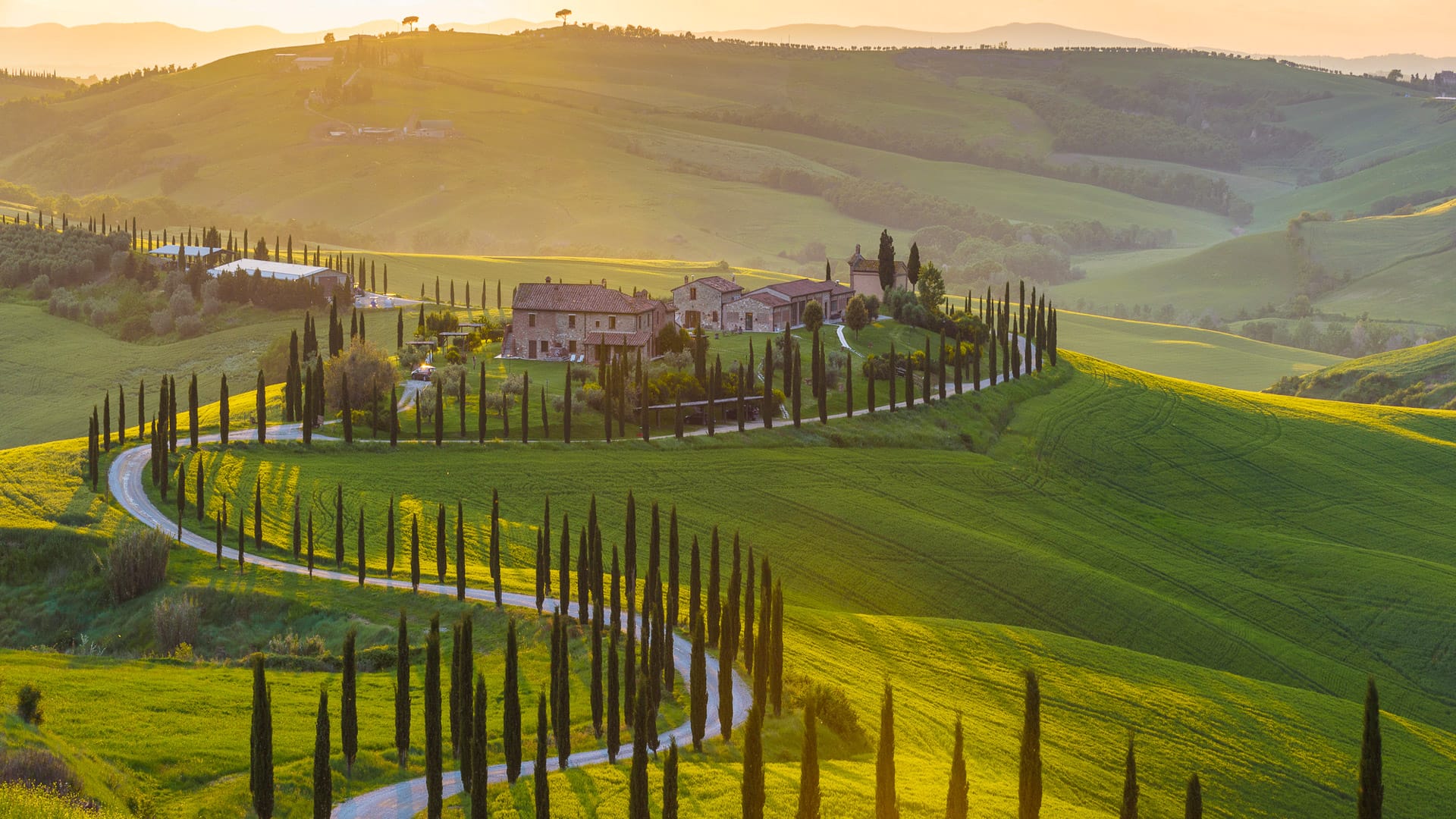 Classic twisting road through the fields of Tuscany
