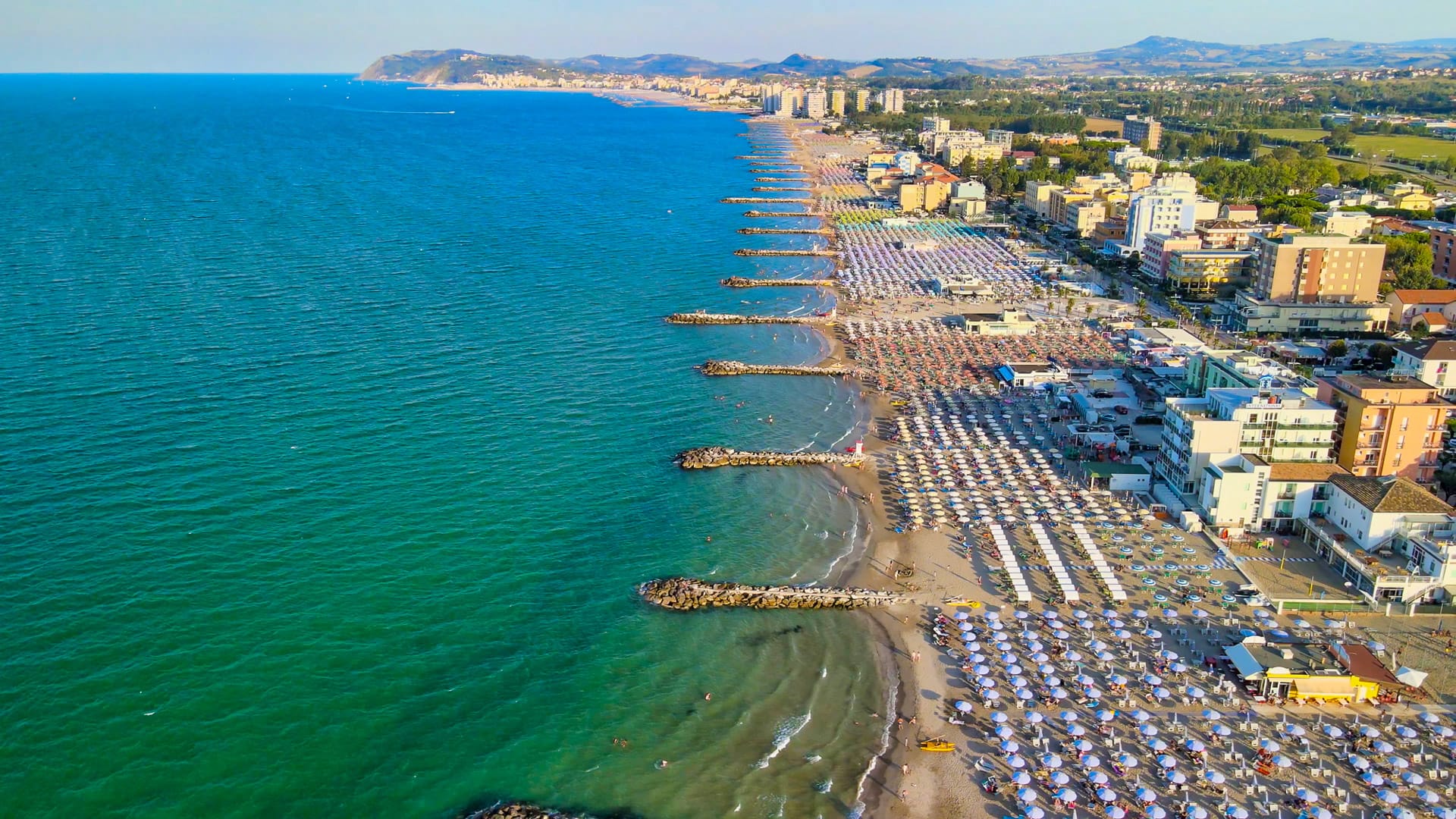 Aerial view of Misano Adriatico Beach from drone in summer season, Italy.