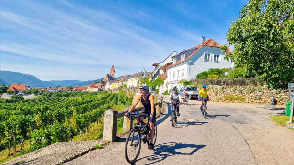 yclists riding past vineyards and white houses with church spire views in the Wachau Valley, Austria