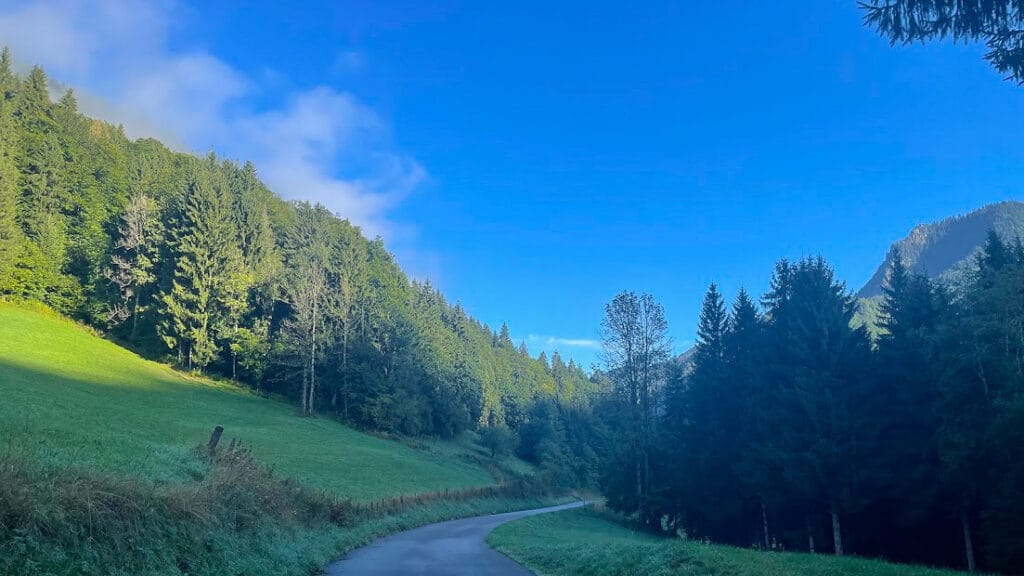 Quiet rural road curving through a green valley surrounded by forested hills under a bright blue sky