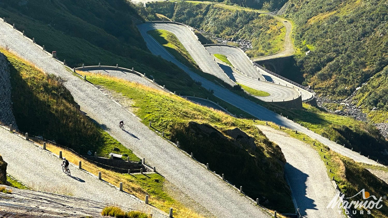 Shot from above of switcbacks on St Gotthard Pass
