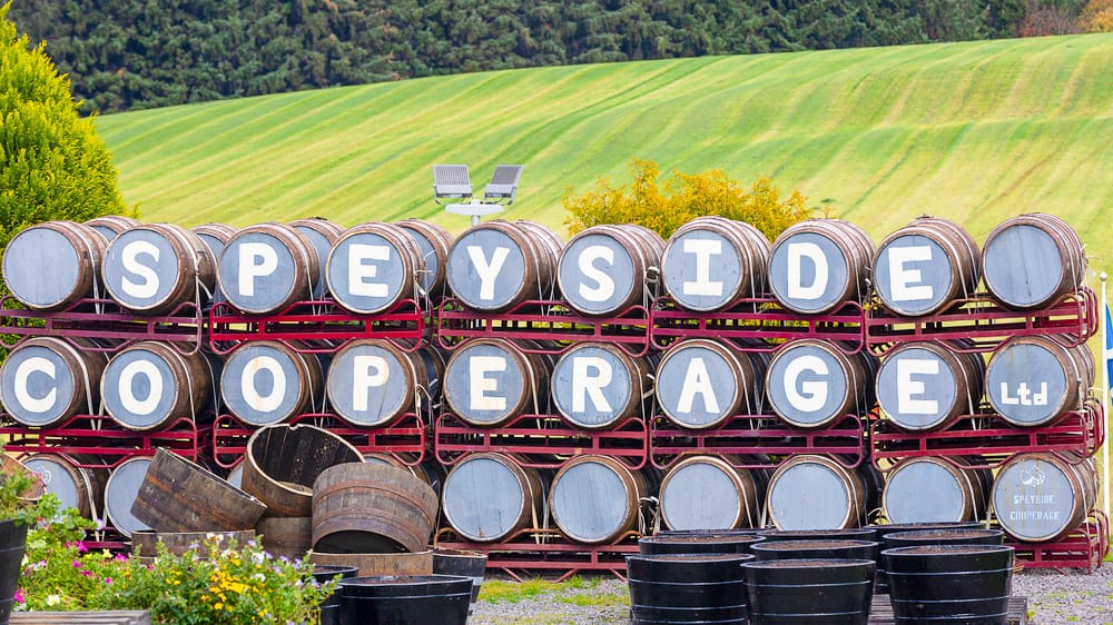 Whisky casks at Speyside Cooperage arranged to spell its name