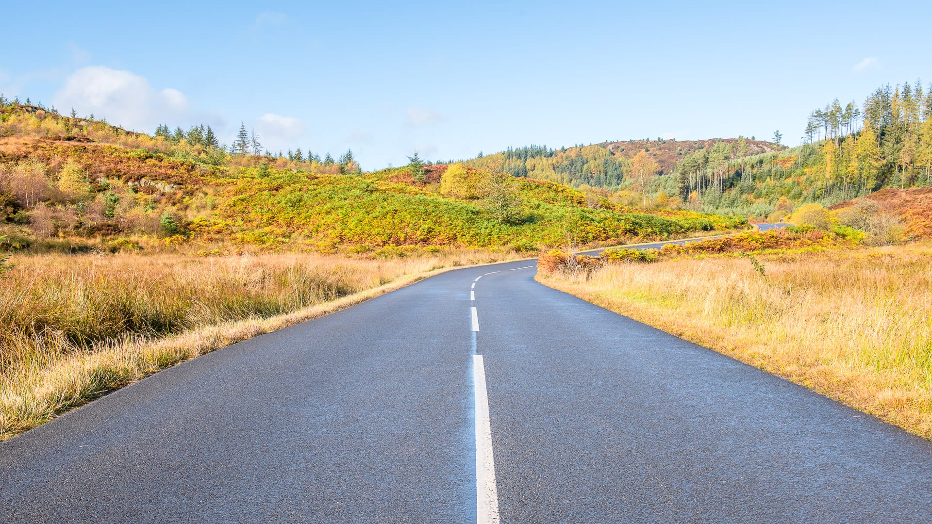 Quiet tarmac road through golden moorland at Duke’s Pass, Trossachs National Park