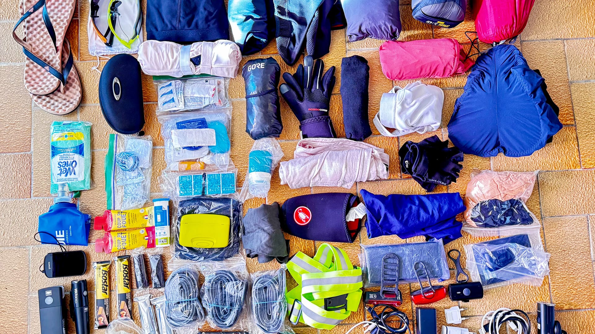 Bikepacking gear and essentials neatly laid out for the Desertus Bikus 2025 long distance cycling adventure