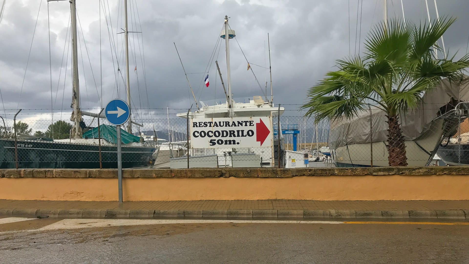 Sign for Restaurante Cocodrilo beside marina with yachts and palm tree under cloudy skies in Mallorca