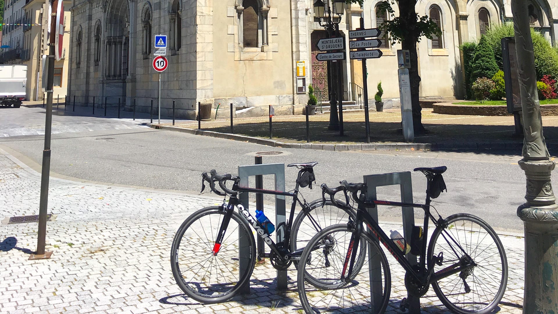 Bikes in the centre of Bagneres de Luchon, French Pyrenees