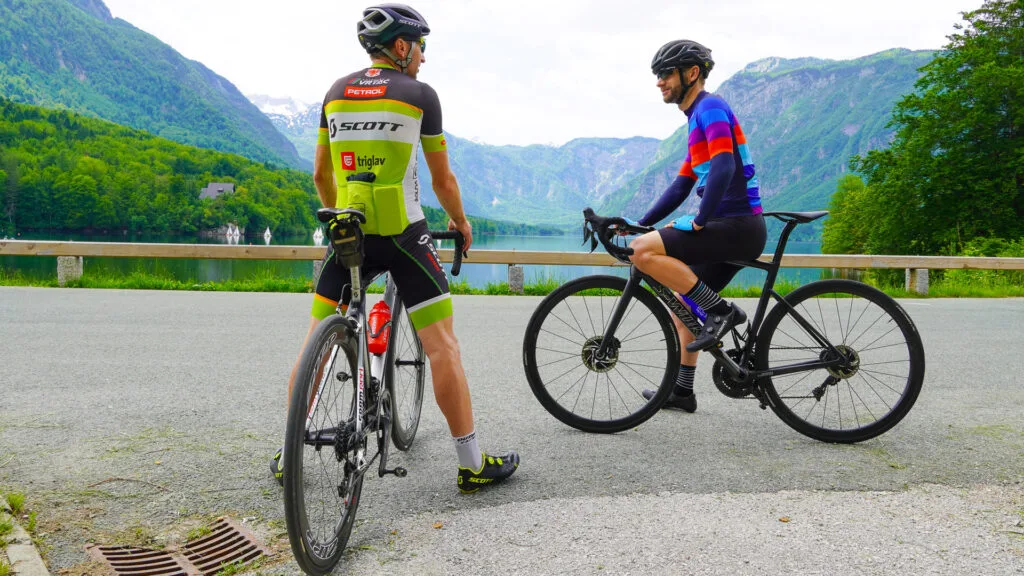 Admiring the view during a Slovenia cycling holiday at Lake Bohinj