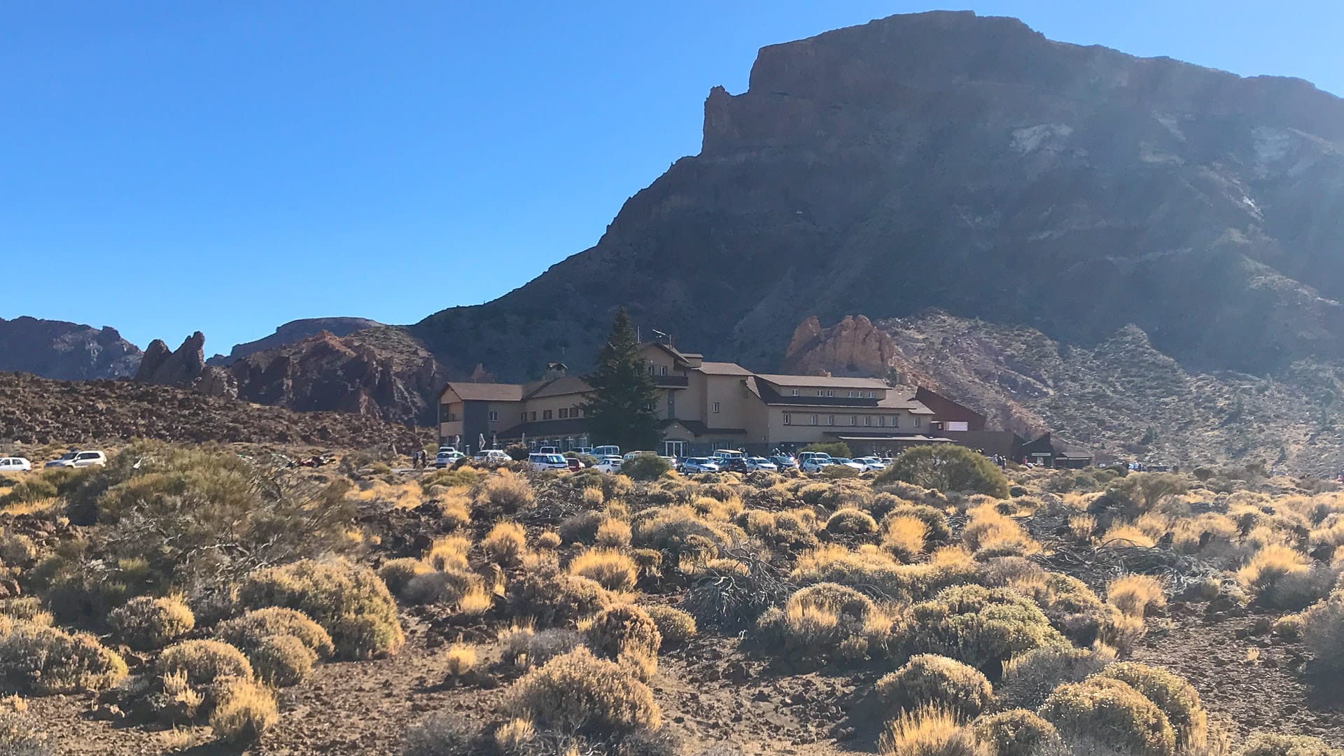 Parador with Mount Teide backdrop in afternoon sun