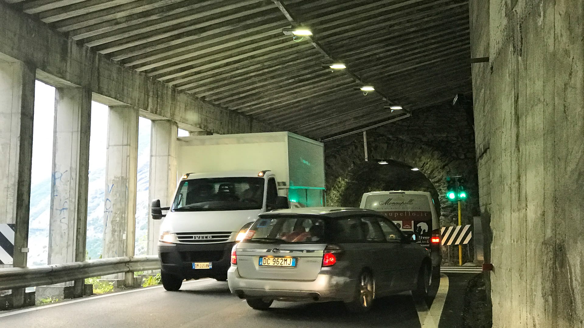 Cars in the tunnel on way up Stelvio from Bormio