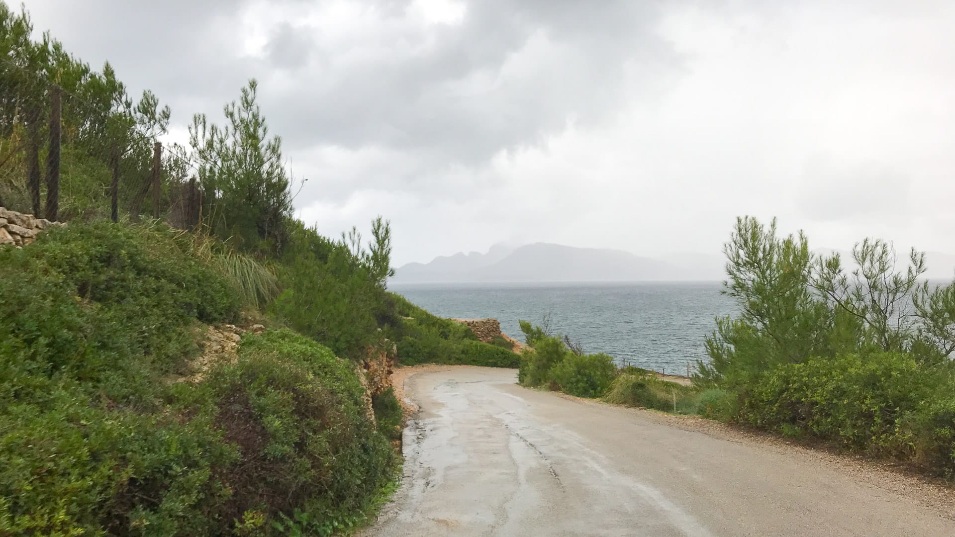 Wet coastal road curving towards the sea with misty mountains in the distance near Alcúdia, Mallorca