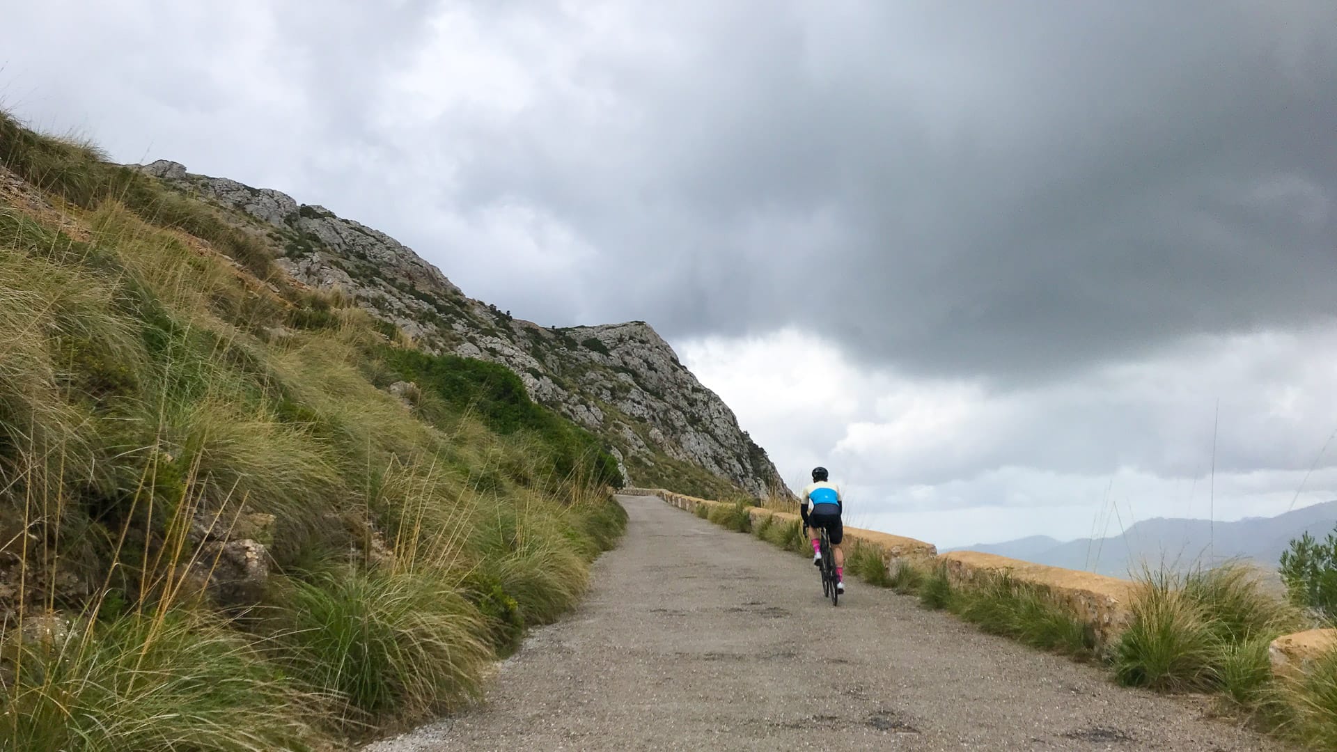 Climbing the road to the pepperpot on the cap de formentor cycling road Mallorca