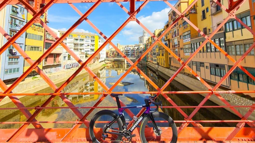 Bike on bridge in central girona perfect for cycling holidays