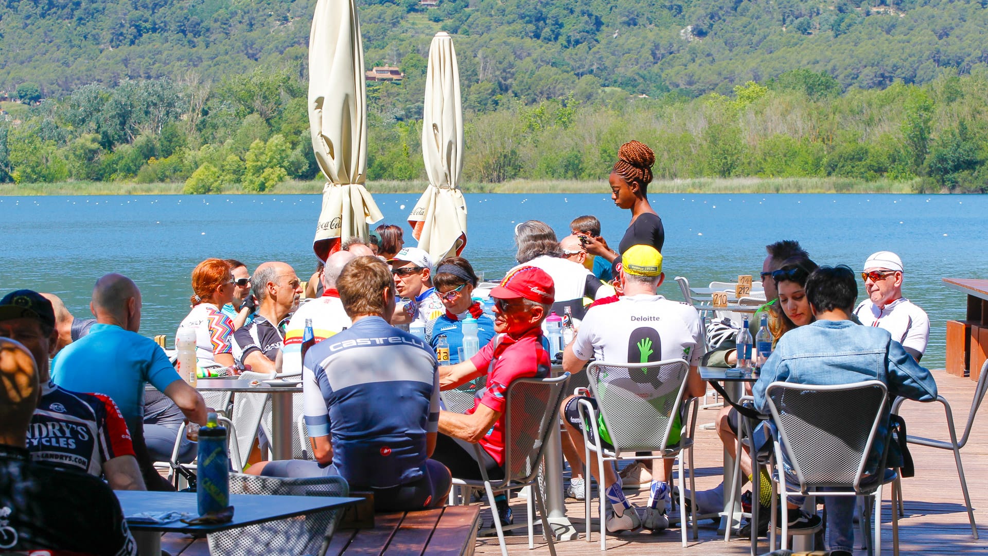 Cyclists at Lake Banyoles near Girona