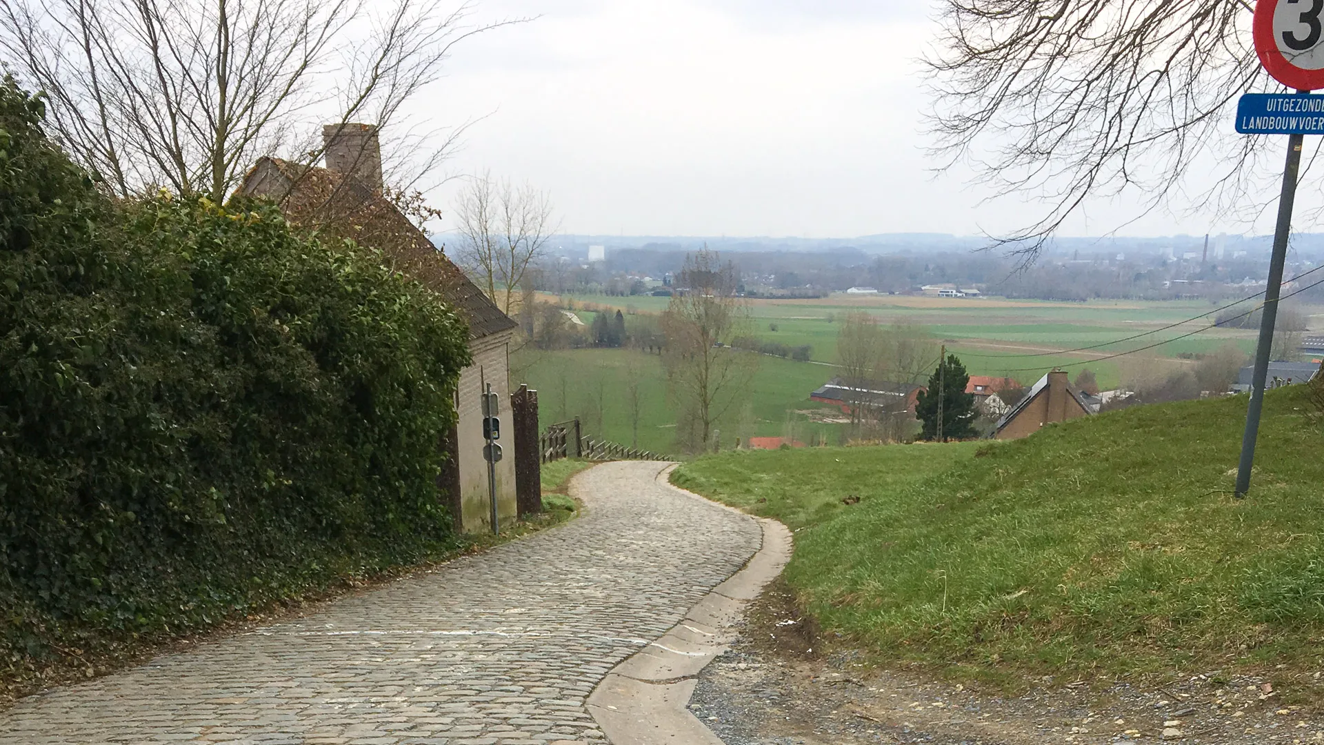 Narrow cobbled road descending through farmland on the Koppenberg climb in Flanders