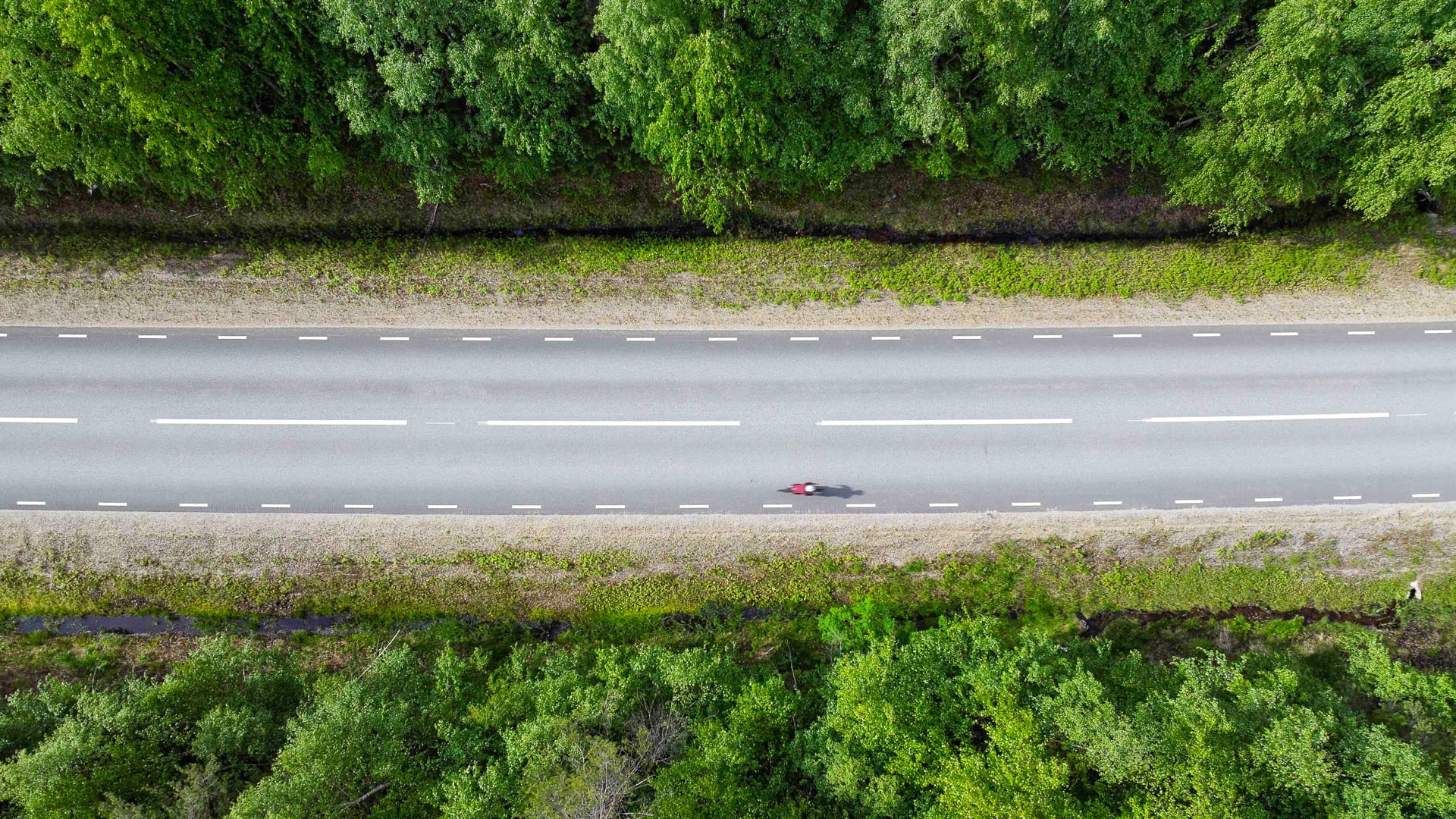 Overhead view of solo cyclist on long straight road surrounded by dense forest in Sweden