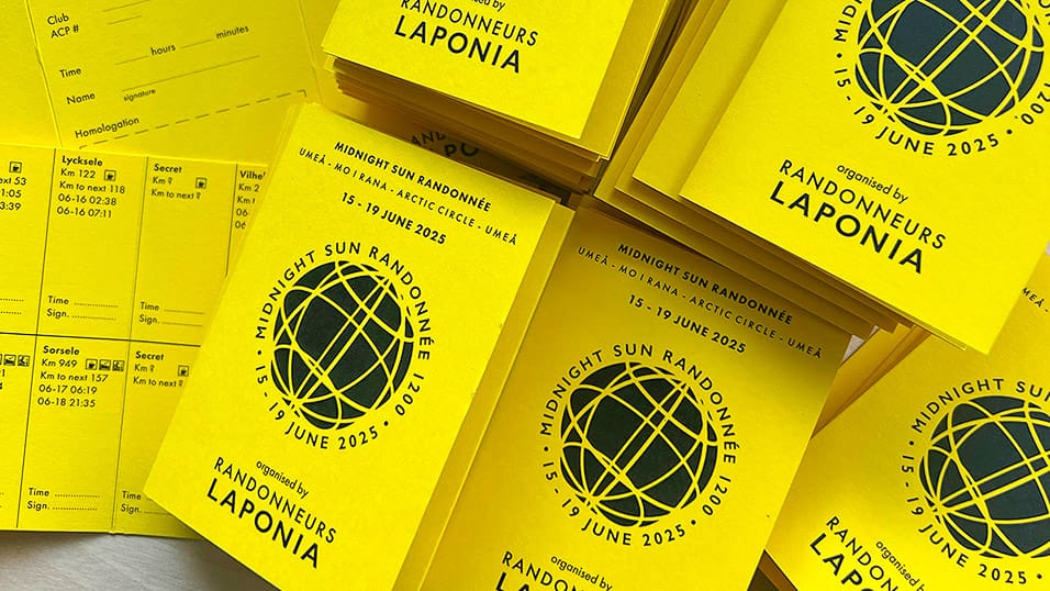 Yellow brevet cards for the Midnight Sun Randonnée 1200 in Laponia dated 15–19 June 2025