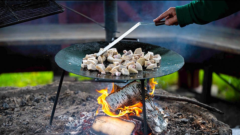Local meat cubes cooked over an open fire at an outdoor grill spot in Västerbotten Sweden