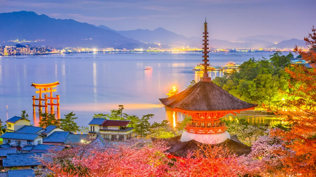 View over Seto Inland sea on Shimanami Kaido cycling route in cherry blossom season
