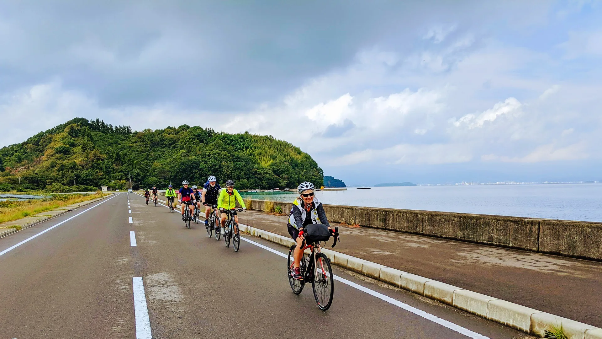 Cyclists on the Shimanami Kaido cycling road in Japan